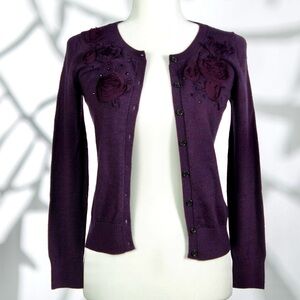 BANANA REPUBLIC Purple floral embroidered cardigan with rhinestone buttons.